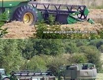 Top: A side view of a combine showing the wide header product, reel, and blades. Bottom: getting rid of the header from a combine harvester and placing it behind a tractor and trailer.